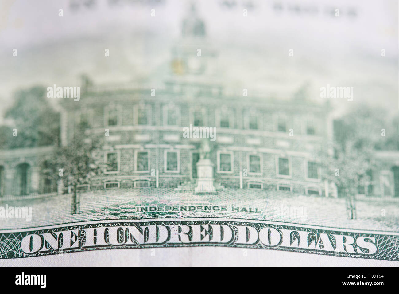 Independence hall photo on hundred dollar bill back Stock Photo