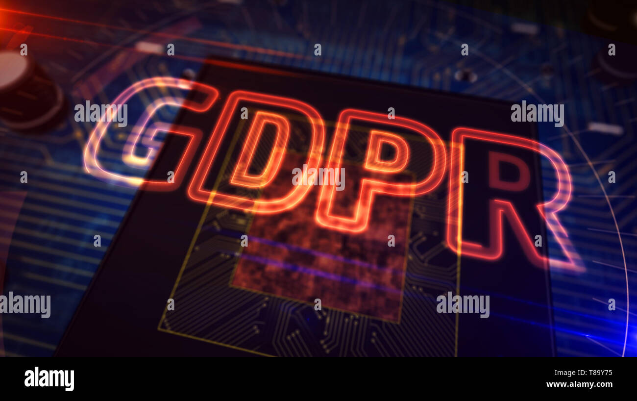 GDPR general data protection regulation act with face icon on digital background. Privacy safety in european union concept animation. Circuit board 3d Stock Photo