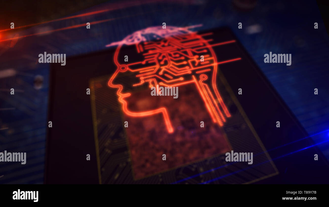 Artificial intelligence, cybernetic brain, analysing and deep machine learning concept with ai head hologram over working cpu in background. Circuit b Stock Photo
