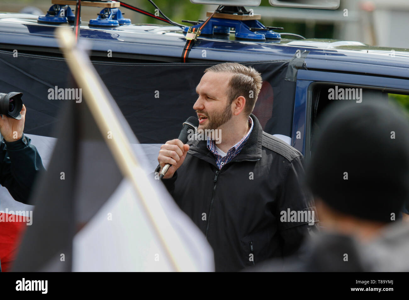 Pforzheim, Germany. 11th May 2019. Sascha Krolzig, one of the two chairmen of the party Die Rechte, addresses the rally. Around 80 people participated in a march through Pforzheim, organised by the right-wing party ‘Die Rechte’ (The Right). The main issues of the march was the promotion of voting for Die Rechte’ in the upcoming European Election and their anti-immigration policies. They were confronted by several hundred counter-protesters from different political organisations. Stock Photo