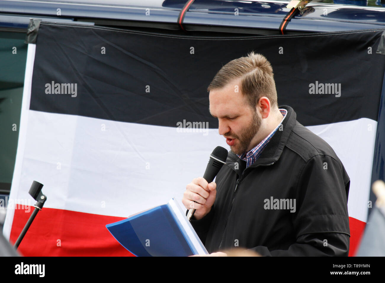 Pforzheim, Germany. 11th May 2019. Sascha Krolzig, one of the two chairmen of the party Die Rechte, addresses the rally. Around 80 people participated in a march through Pforzheim, organised by the right-wing party ‘Die Rechte’ (The Right). The main issues of the march was the promotion of voting for Die Rechte’ in the upcoming European Election and their anti-immigration policies. They were confronted by several hundred counter-protesters from different political organisations. Stock Photo