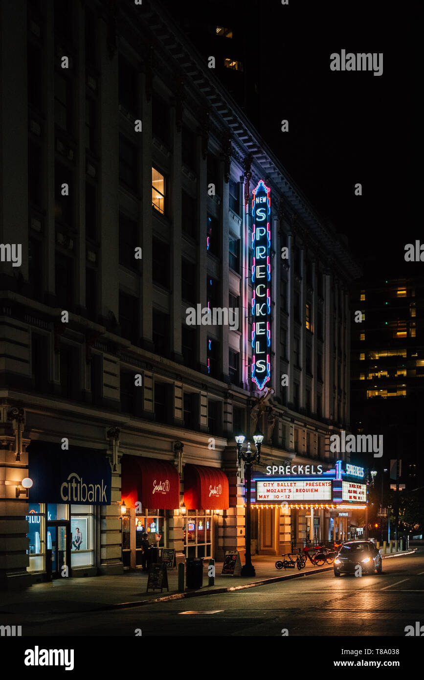 Spreckels Theater at night, in downtown San Diego, California Stock