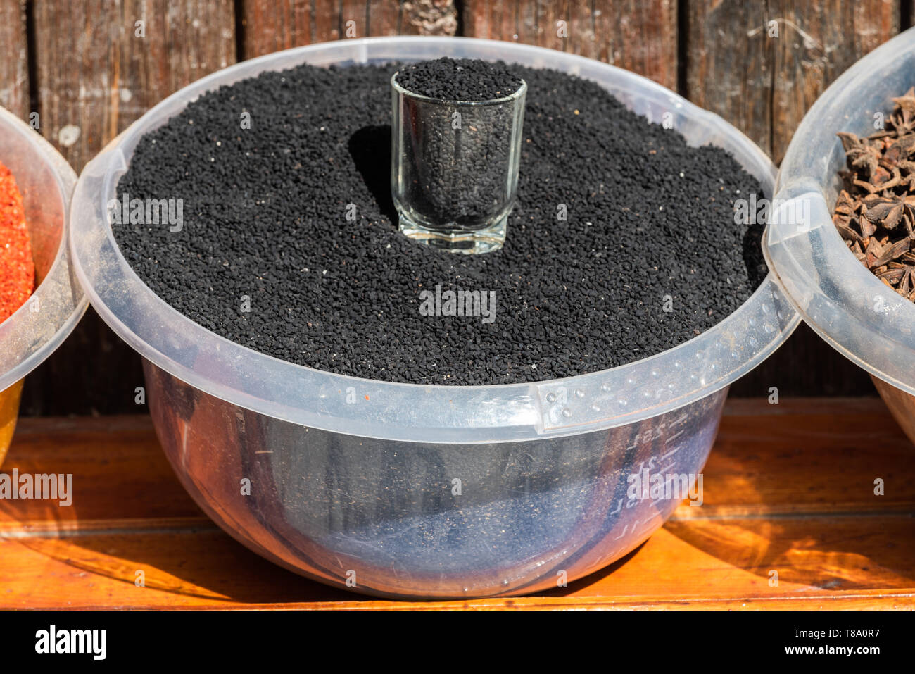 Basin of black cumin at a market in Azerbaijan. Stock Photo