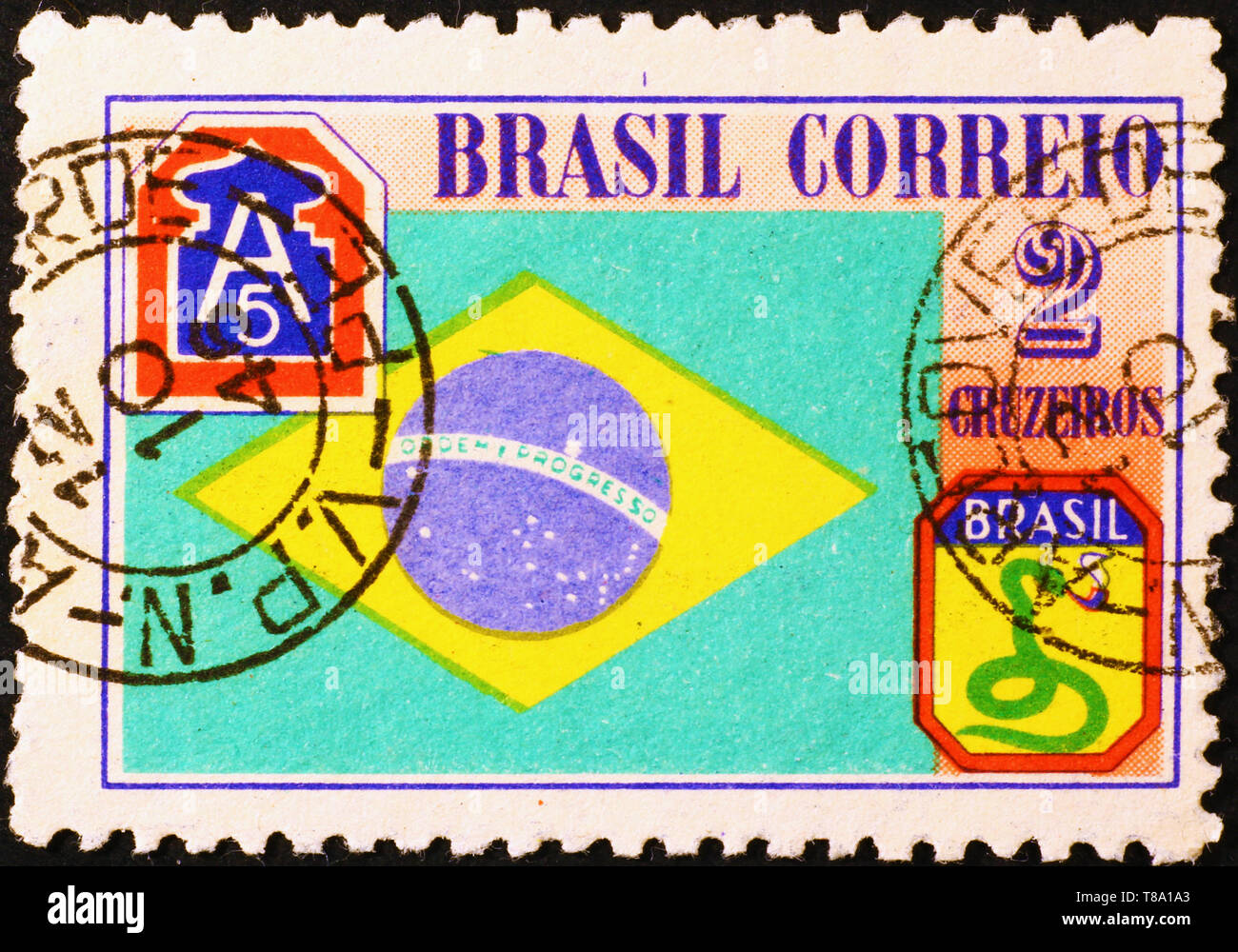 Brazilian flag on old postage stamp Stock Photo