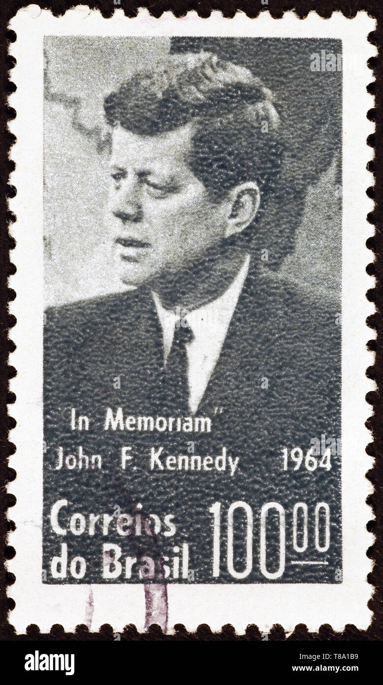 Portrait of John Kennedy on brazilian postage stamp Stock Photo