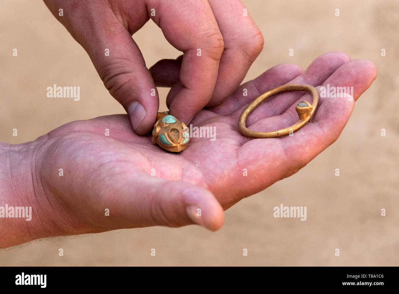 Sarmatians golden jewelry founded durning Archaeological excavations of the Sarmatians burials in Astrakhan, Russia. Stock Photo