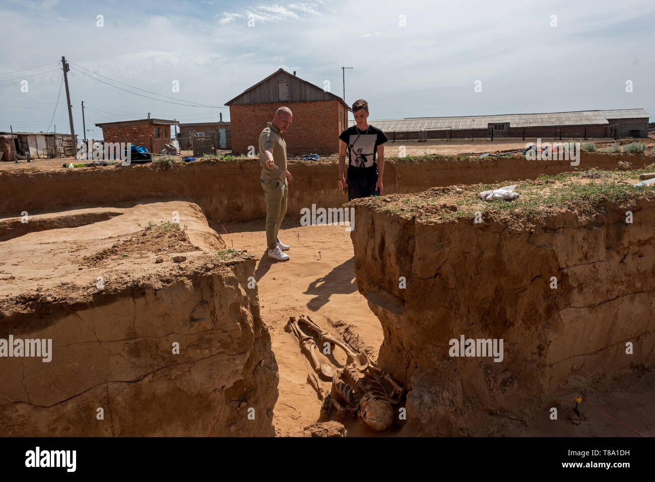 Archaeological excavations of the Sarmatians burials with gold treasures in Astrakhan, Russia. Stock Photo