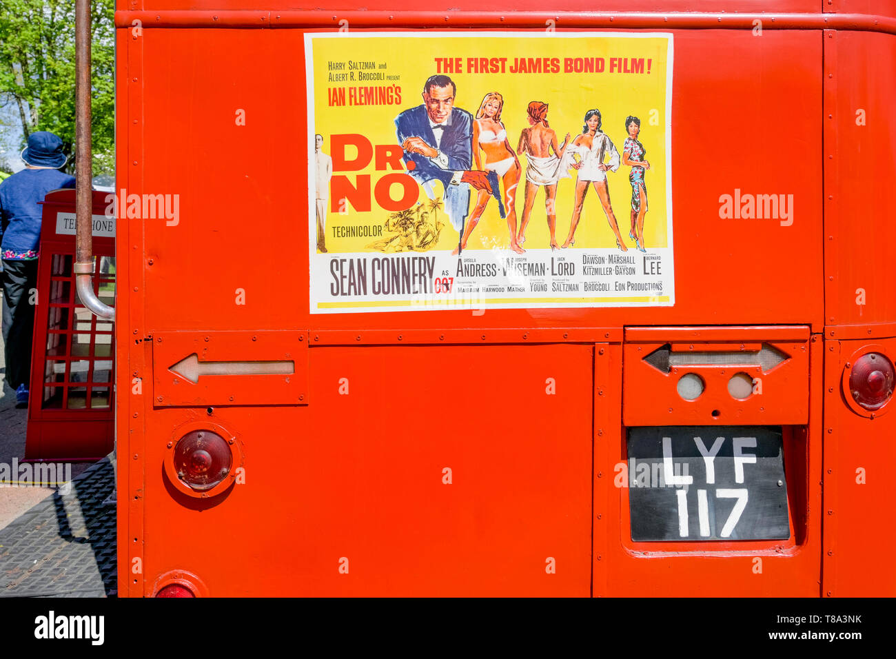 red Double Decker bus with Sean Connery, Dr No Movie poster ad Stock Photo