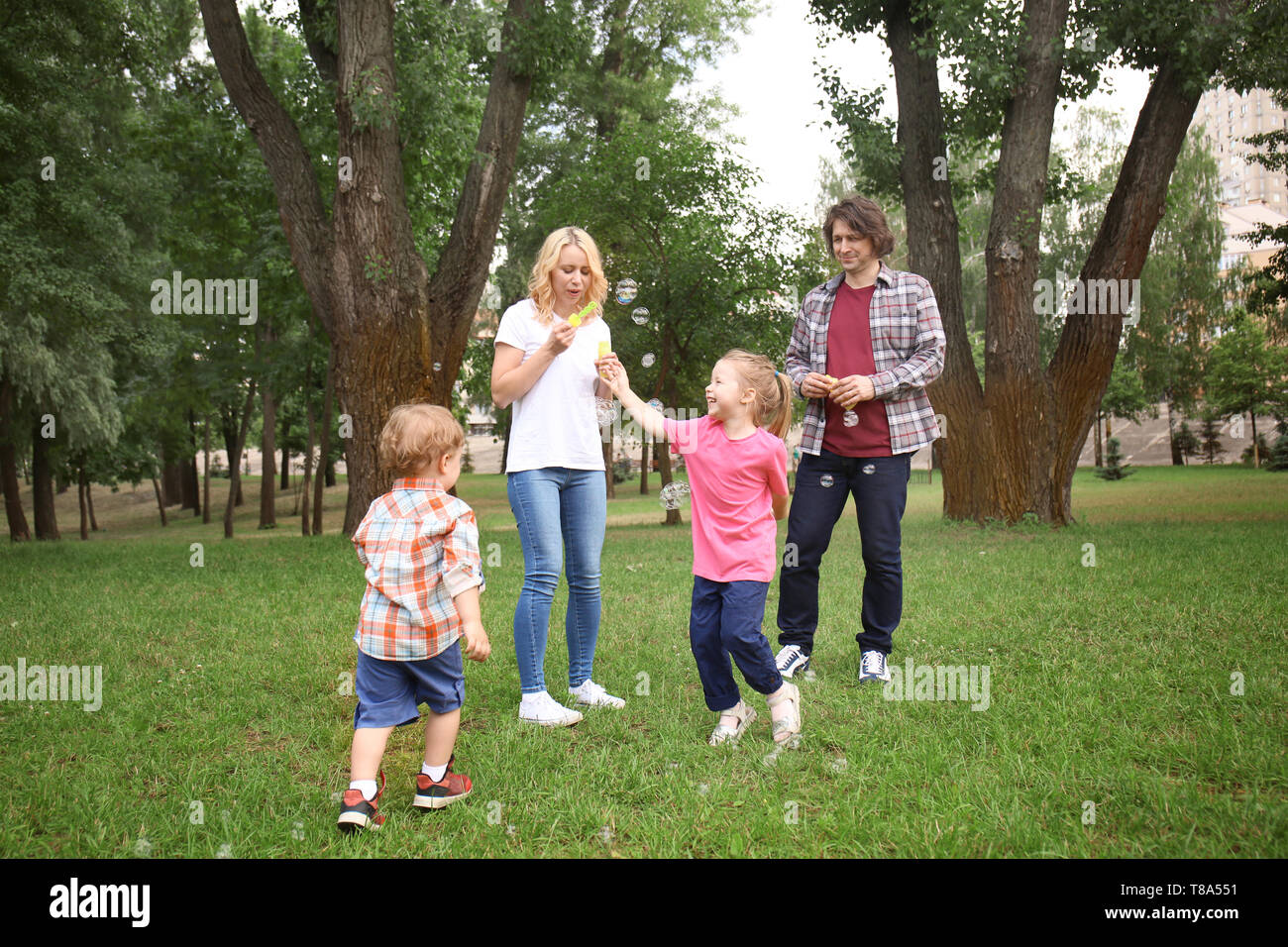 Happy family blowing soap bubbles in park Stock Photo - Alamy