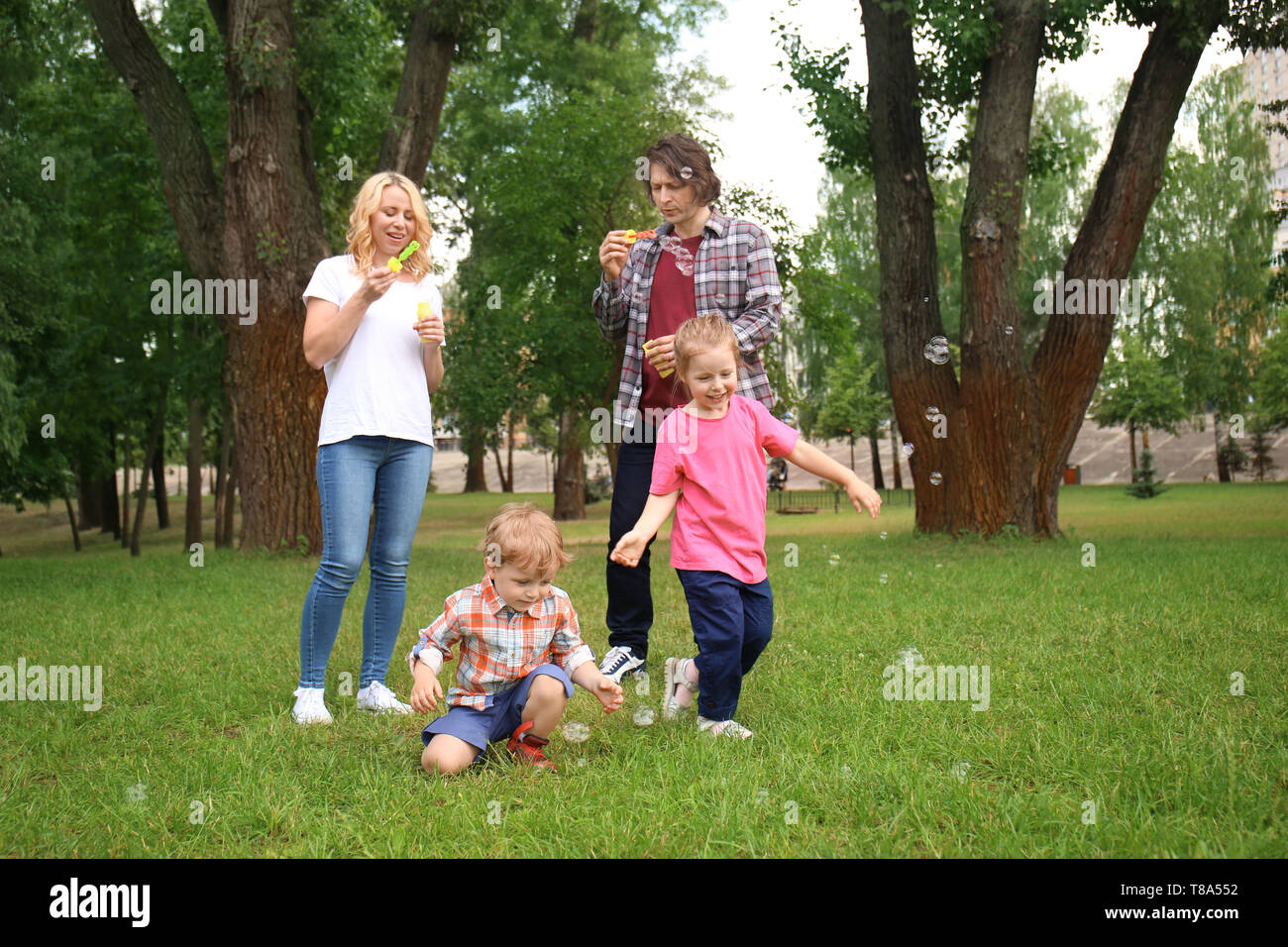 Happy family blowing soap bubbles in park Stock Photo - Alamy