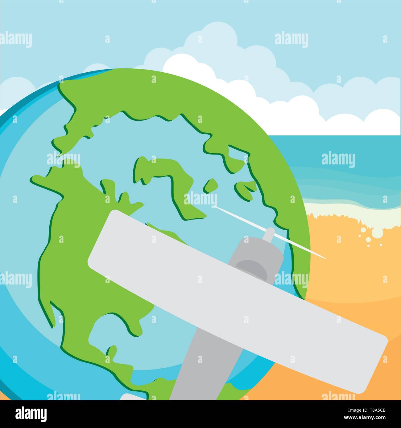 world planet earth with small plane vector illustration design Stock ...