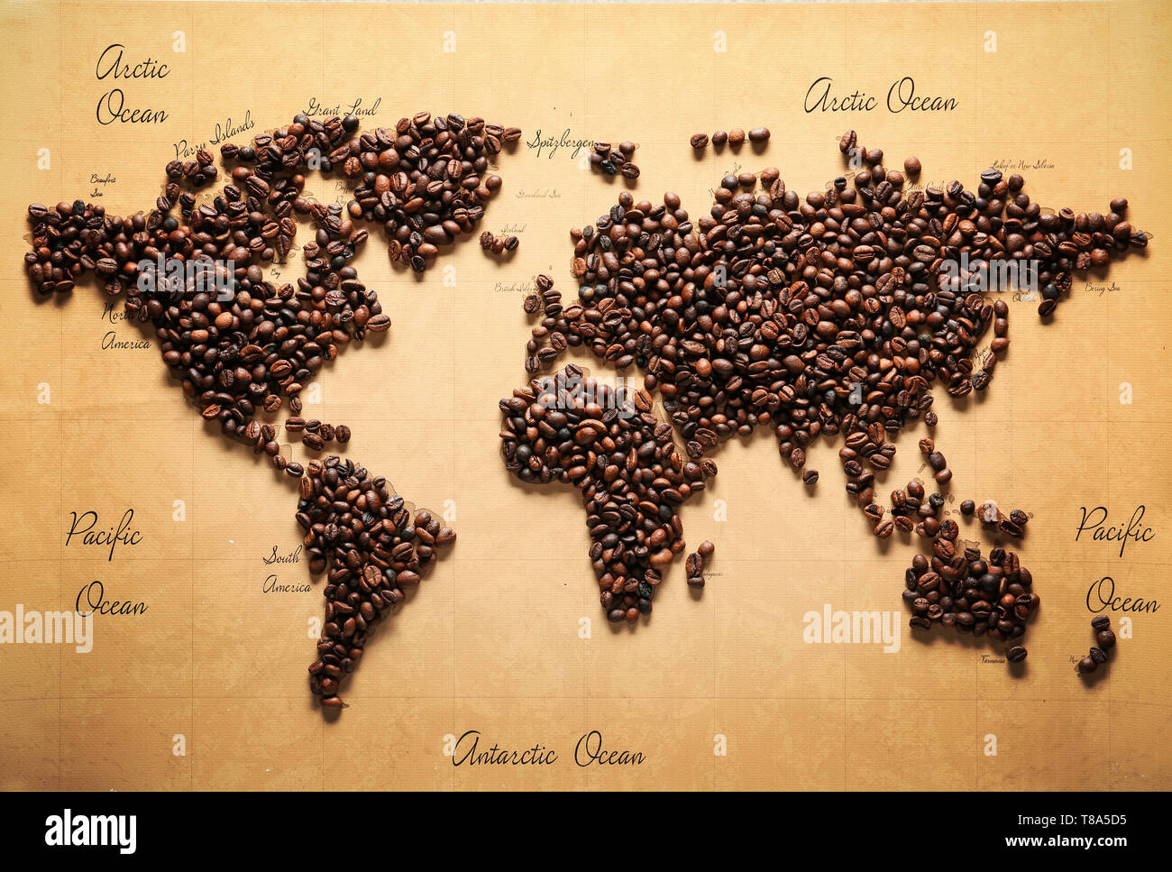 World map made of roasted coffee beans, top view Stock Photo Alamy