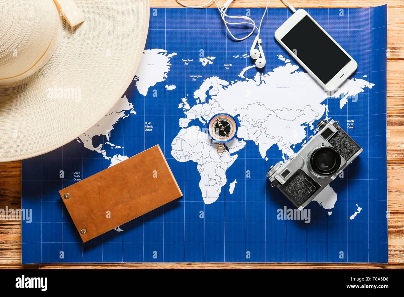 Composition with world map photo - Composition With World Map Photo Camera And Hat On Wooden Background Travel Planning T8A5D8 