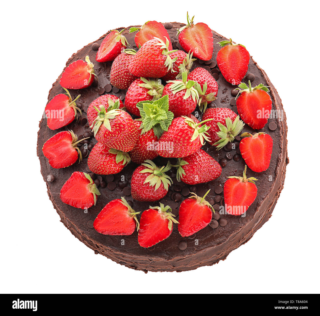 Tasty chocolate cake decorated with fresh strawberry on white ...