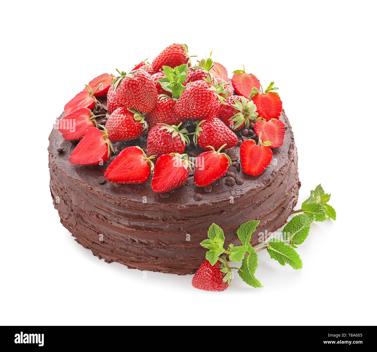 Tasty chocolate cake decorated with fresh strawberry on white ...