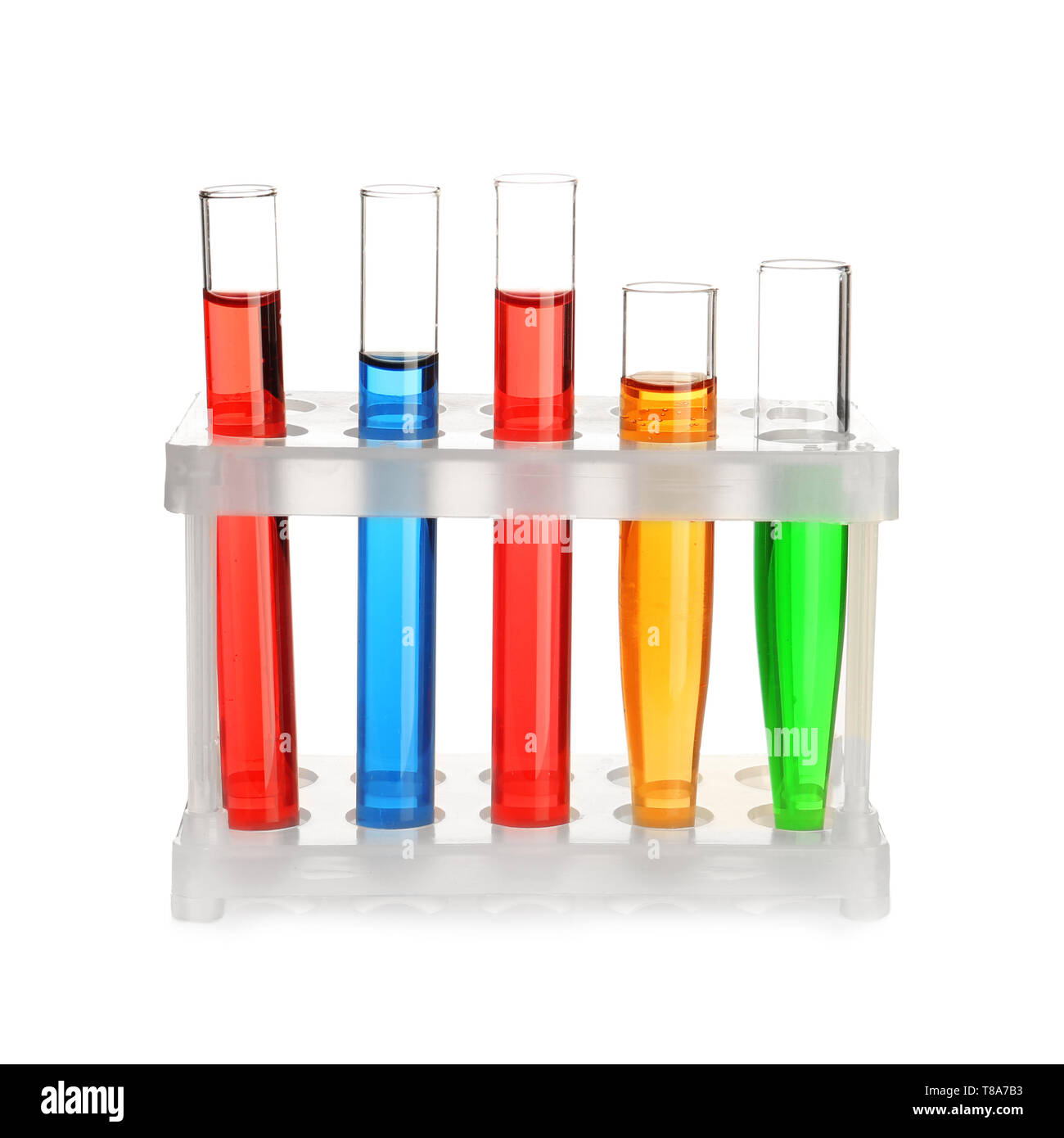 Test tubes with colorful liquids in holder on white background Stock ...