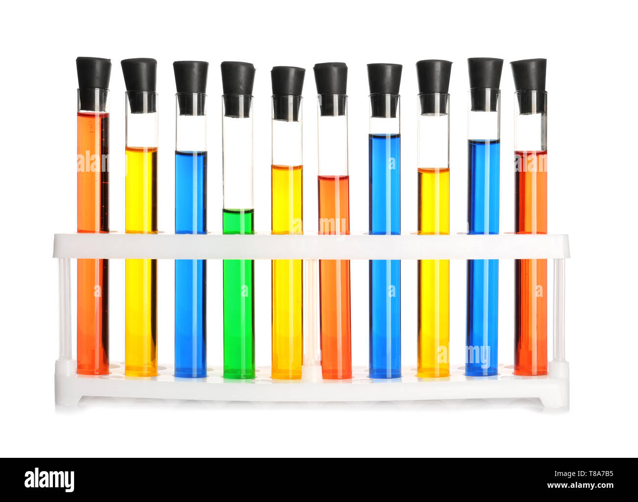 Test tubes with colorful liquids in holder on white background Stock ...