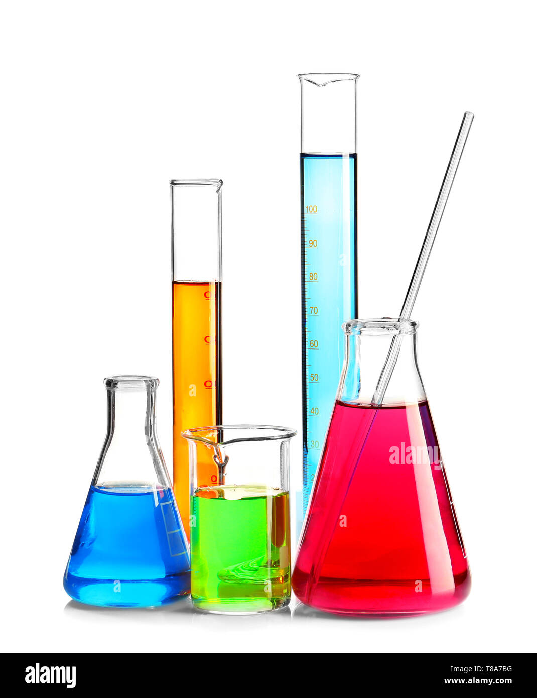 Laboratory glassware with colorful liquids on white background Stock ...