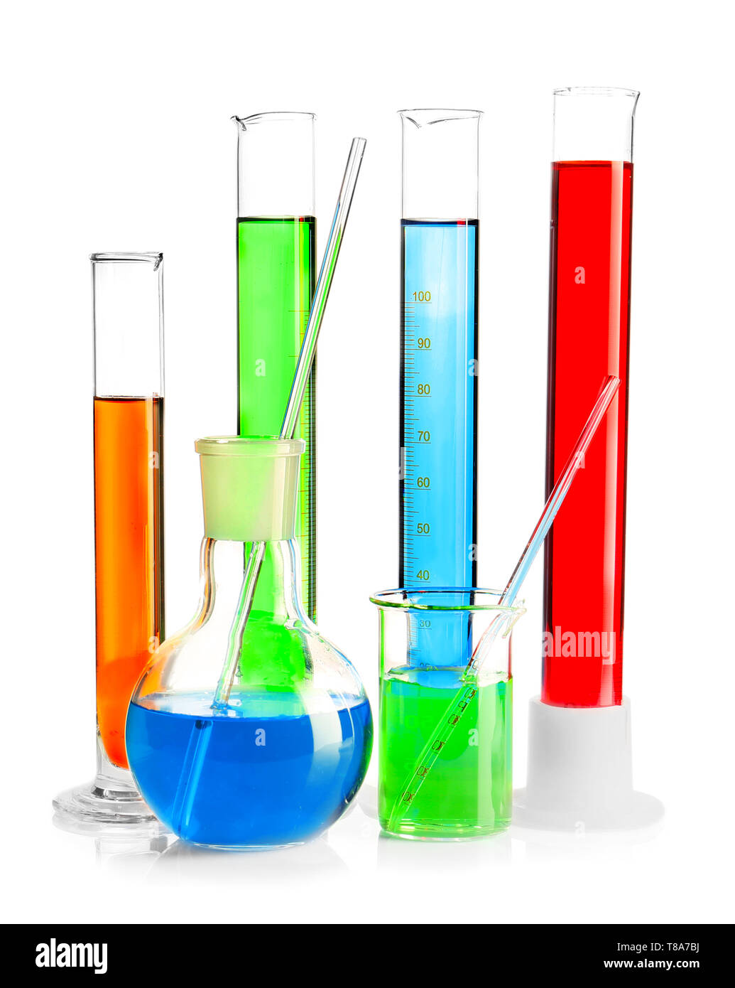 Laboratory glassware with colorful liquids on white background Stock ...