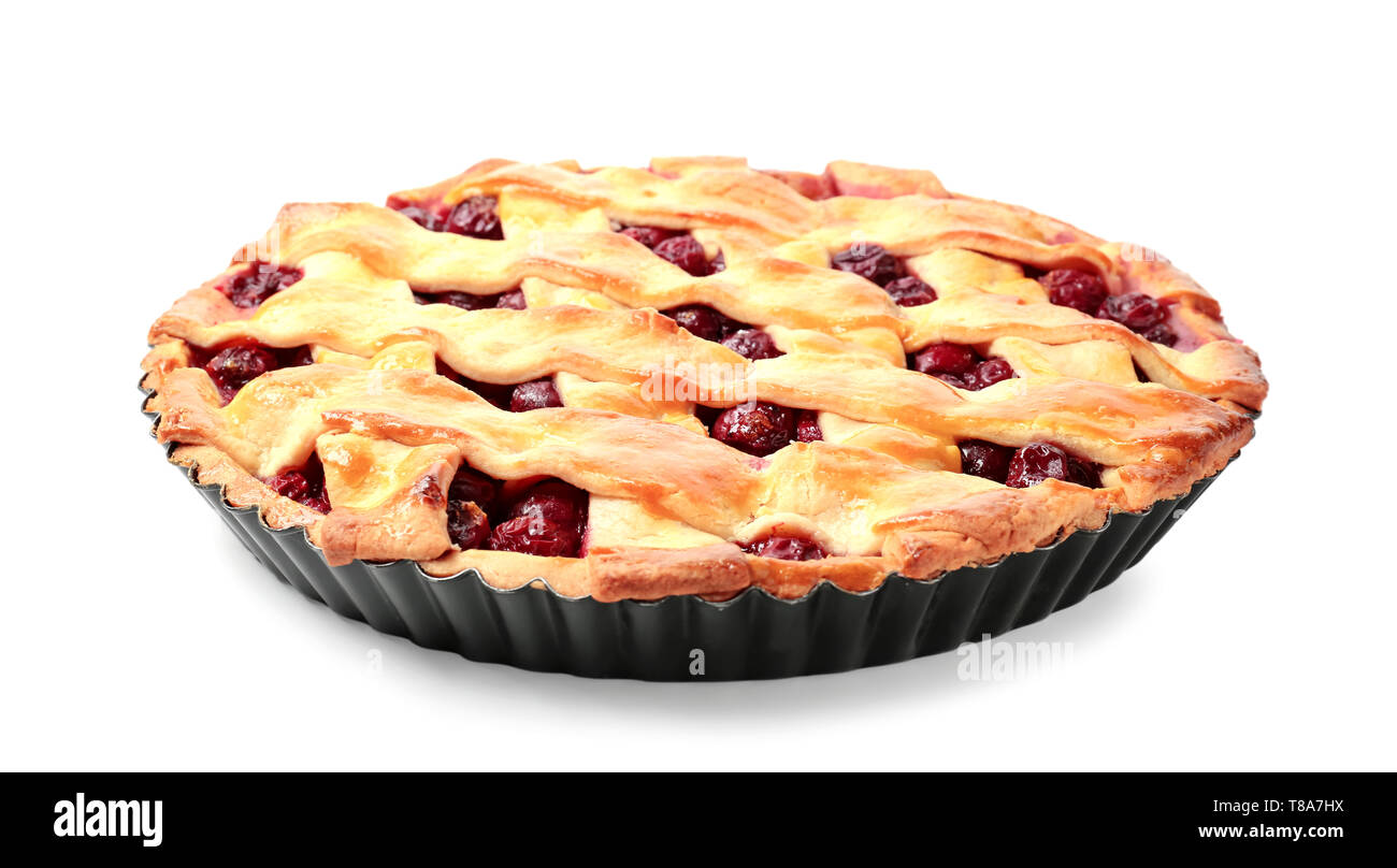 Delicious cherry pie on white background Stock Photo - Alamy