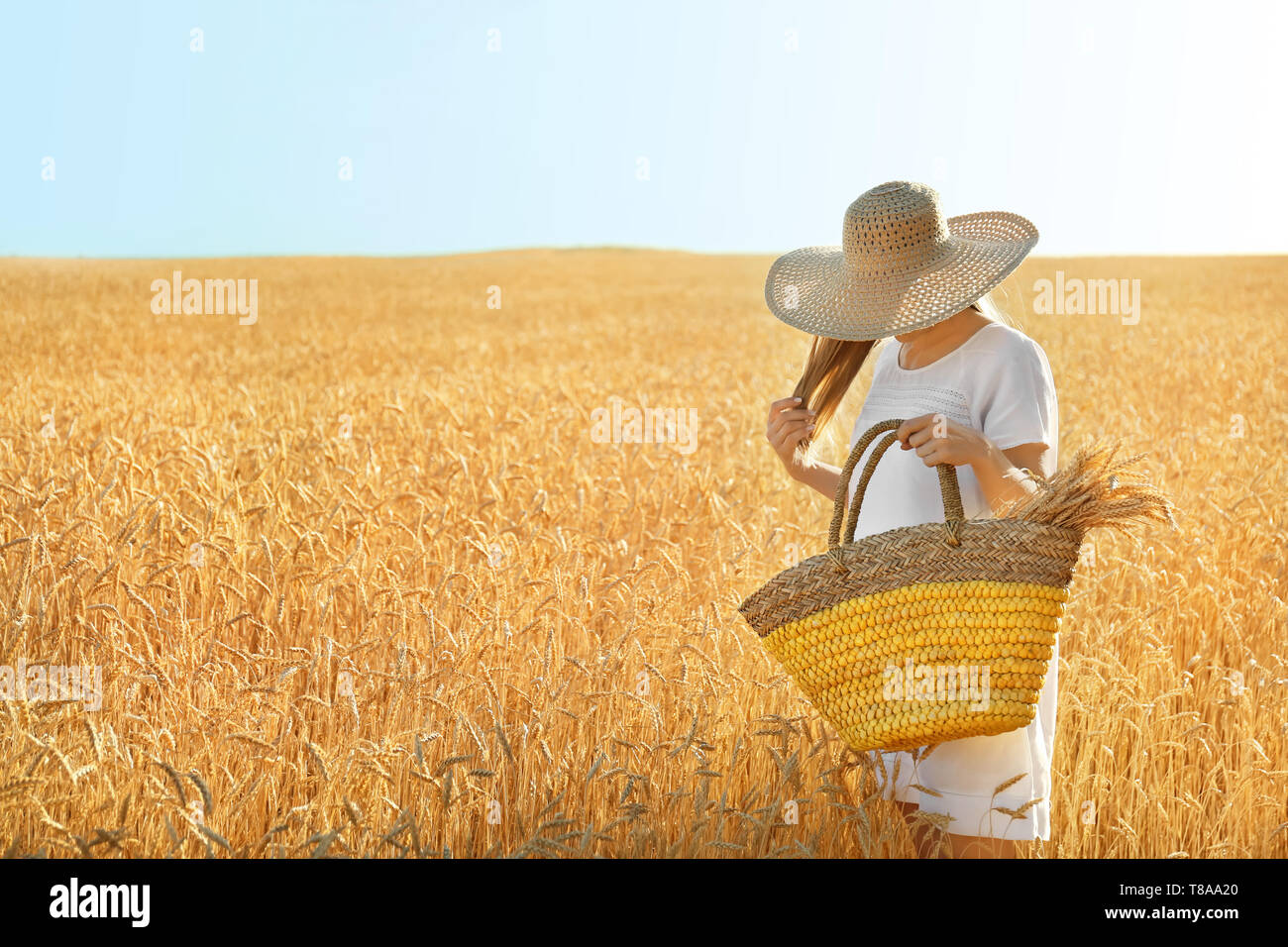 Beautiful woman with wicker bag in wheat field on sunny day Stock Photo