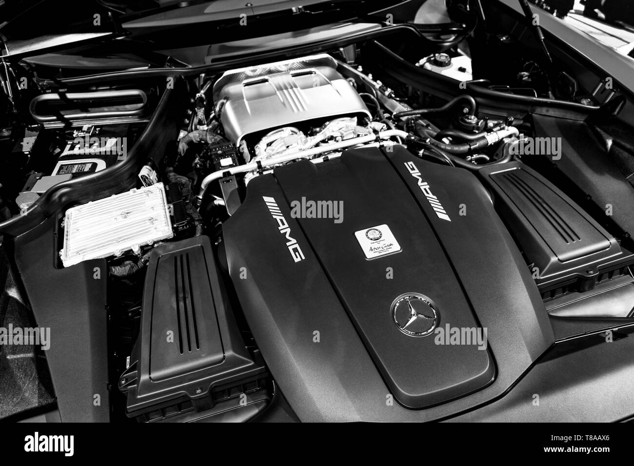 Sankt-Petersburg, Russia, January 12, 2018 : Close up of Mercedes-Benz engine AMG GTR 2018 V8 Bi-turbo exterior details. Powerful handcrafted engine.  Stock Photo