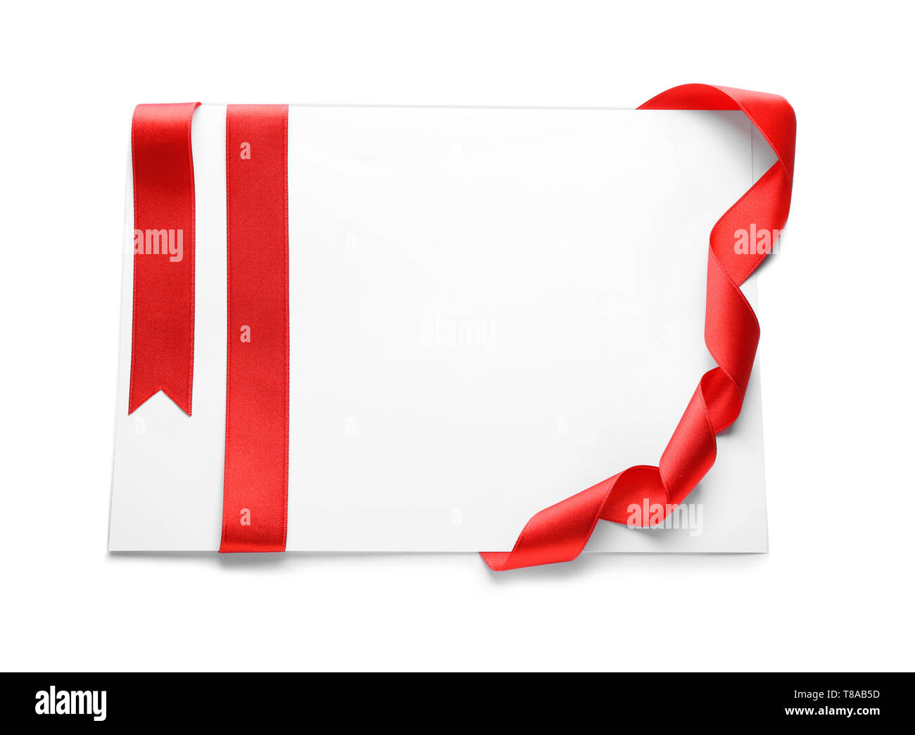Blank paper card with red ribbon on white background Stock Photo Alamy