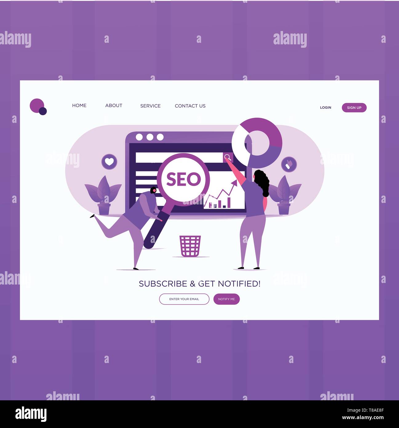 seo optimization- Vector illustration landing page seo optimization with character. Stock Vector