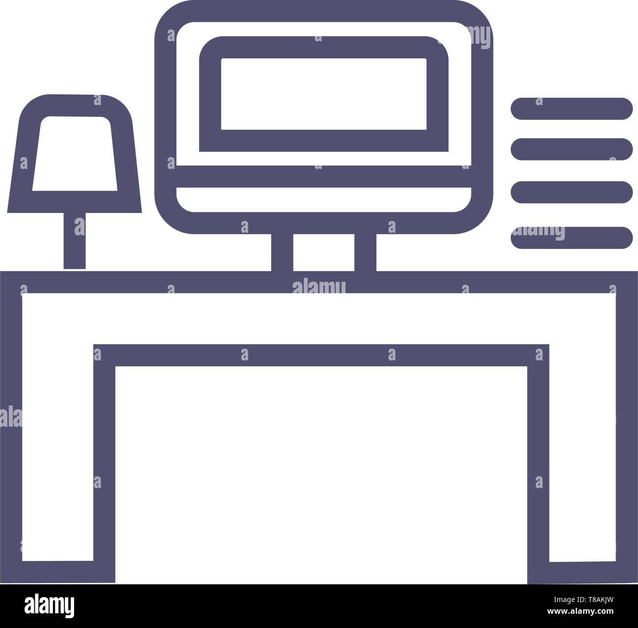 Work place or office work icon. Vector icon with computer table lamp and mini self Stock Vector