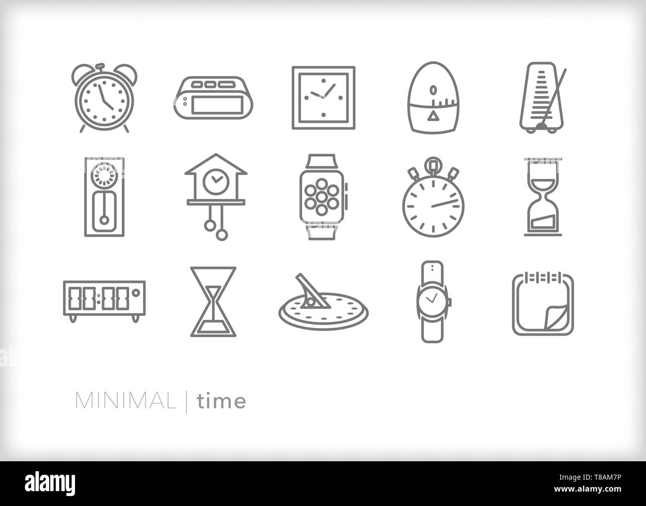 Set of 15 time and clock line icons for telling time or setting an alarm Stock Vector