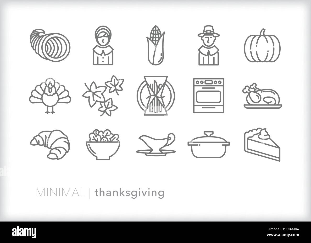 Set of 15 thanksgiving holiday and food line icons for celebrating with family and friends Stock Vector