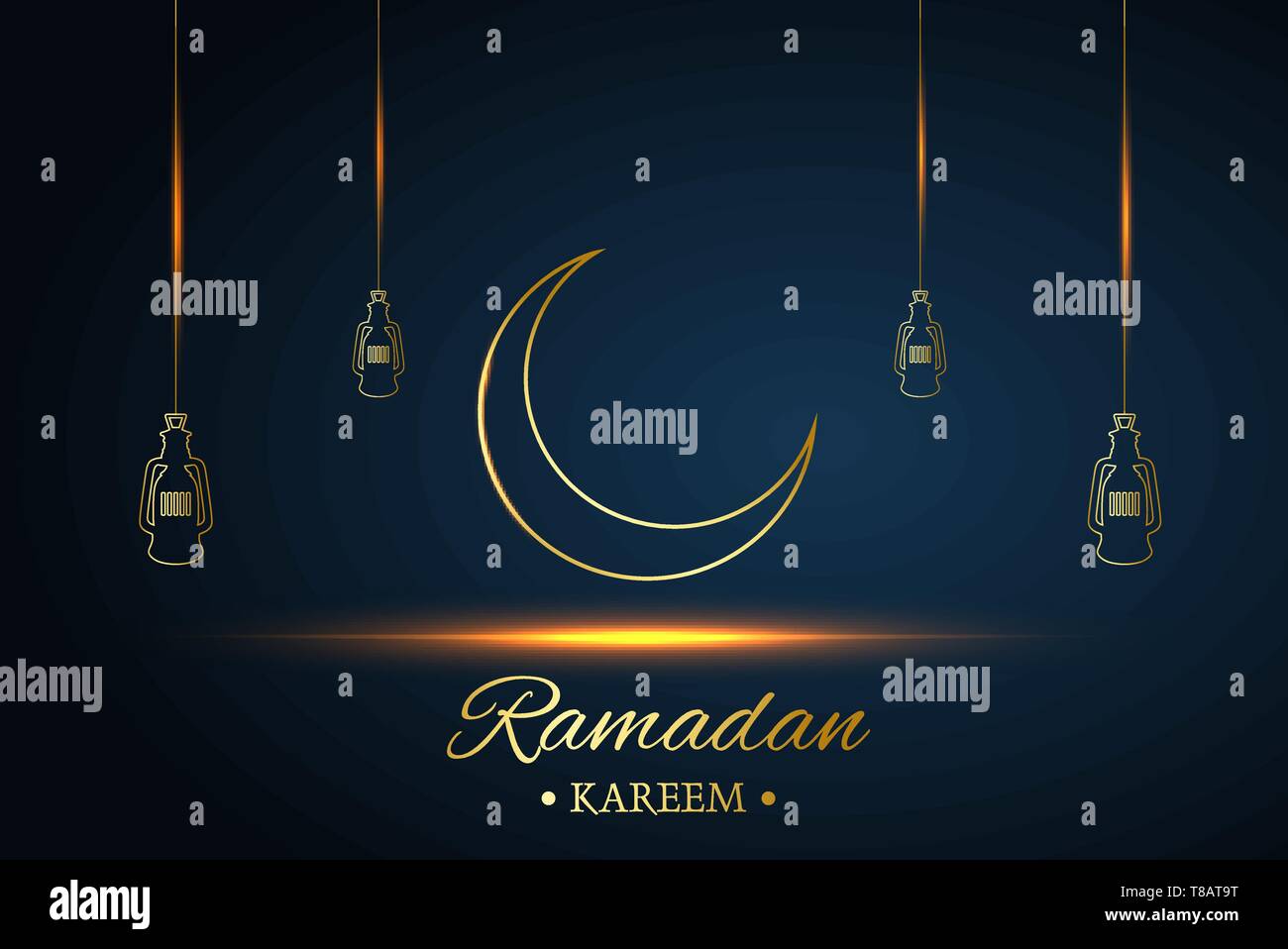 Golden Islamic moon and stars, ramadan kareem written with black