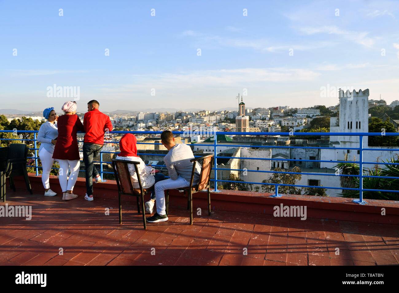 Morocco, Tangier Tetouan region, Tangier, Medina, old city, cafe restaurant Le Détroit Palace, the terrace with Kasbah view Stock Photo