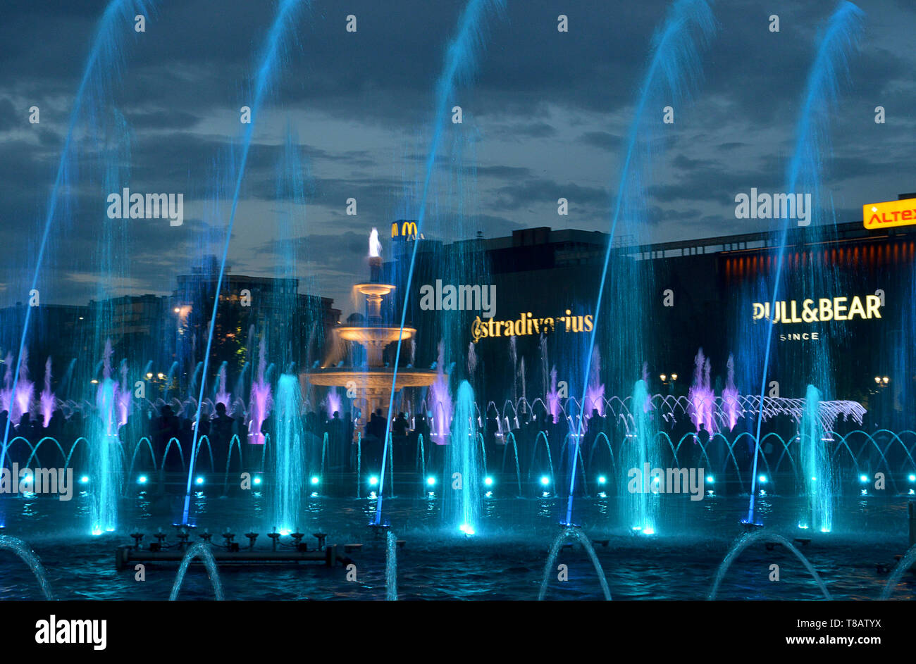 BUCHAREST, ROMANIA - 11 MAY 2019: The second weekend of performances of Simfonia apei (Water symphony), a son et lumiere with the fountains at Piata Unirii. Stock Photo