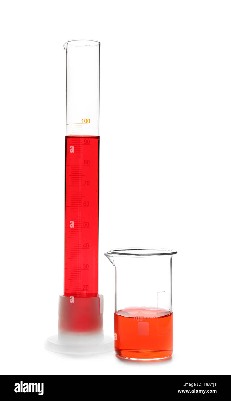 Laboratory glassware with color liquids on white background Stock Photo ...