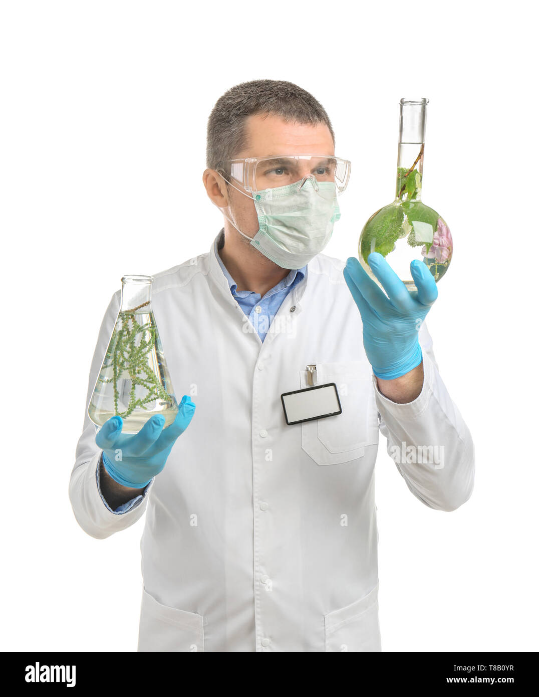 Scientist holding test flasks with plants on white background Stock ...