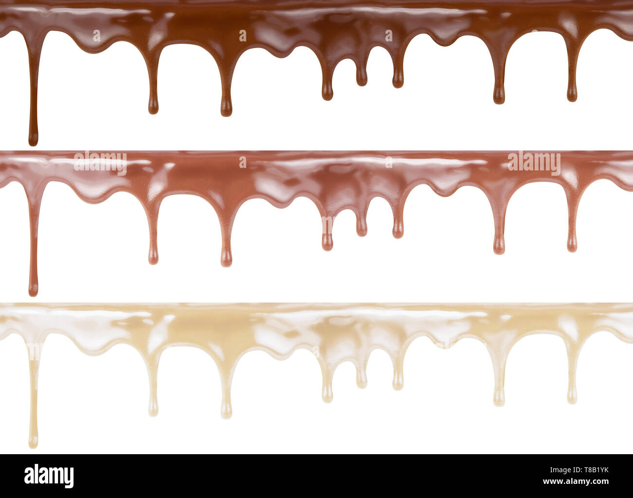 Various melt chocolate on cake top isolated on background. Dark, milk and white one are included. Stock Photo