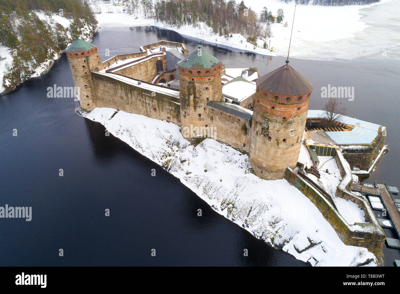 The old Olavinlinna fortress close-up on a March afternoon (aerial photography). Savonlinna, Finland Stock Photo