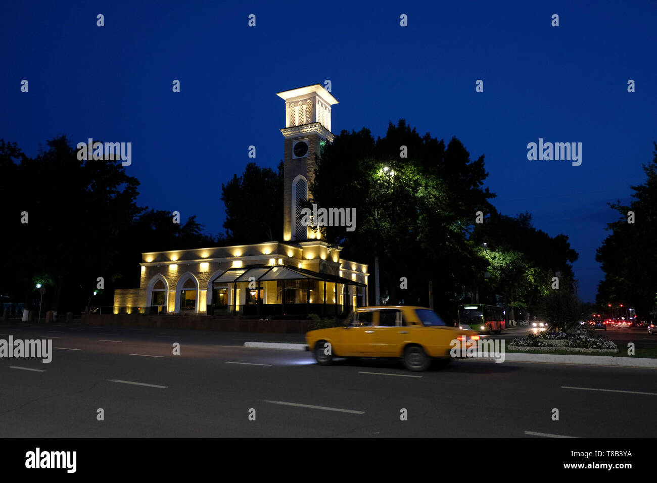 The Tashkent clock tower Tashkentskiye Kuranty located on Amir Timur Square in the center of