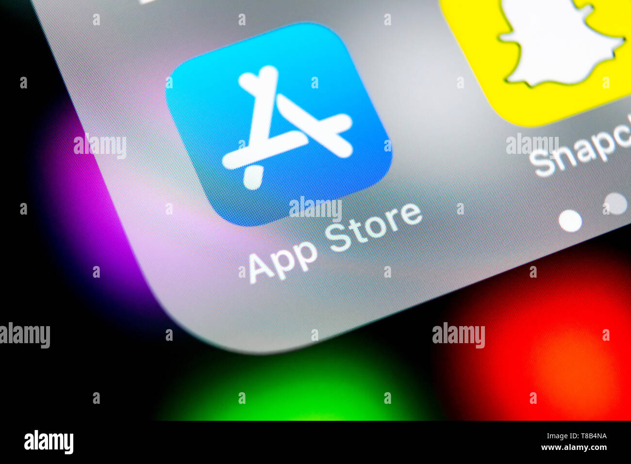 Sankt-Petersburg, Russia, August 16, 2018: Apple store application icon on Apple iPhone X smartphone screen close-up. Mobile application icon of app s Stock Photo