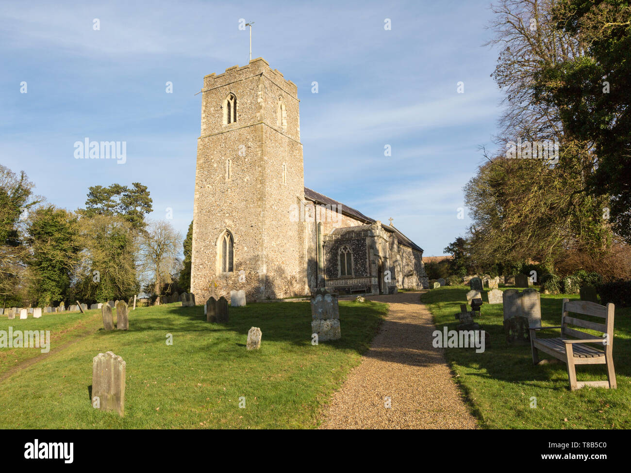 Village parish church and graveyard, Saint John the Baptist, Badingham, Suffolk, England, UK Stock Photo