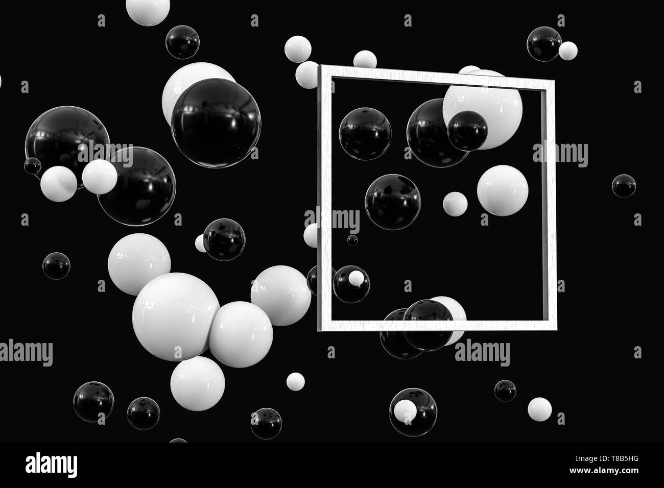 3d rendering, black and white balls with frame in the middle. Computer