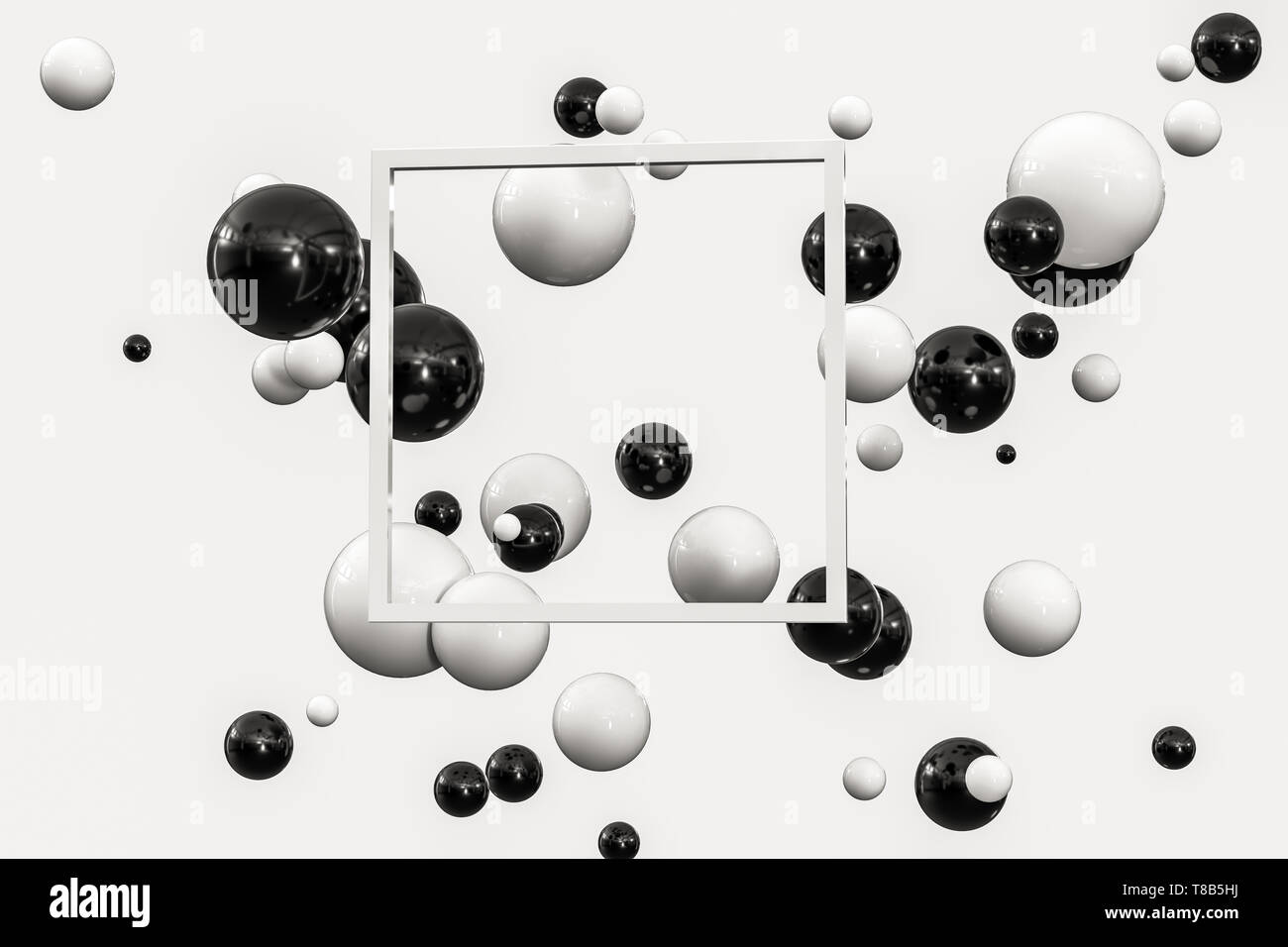3d rendering, black and white balls with frame in the middle. Computer