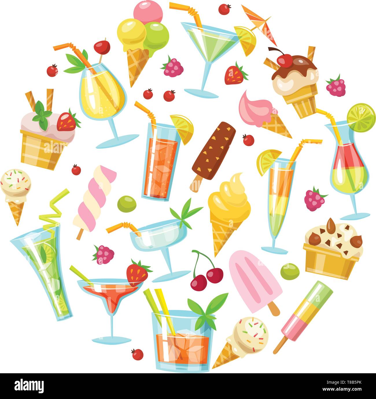 Big vector set of summers drinks, cocktails and ice cream icons Stock