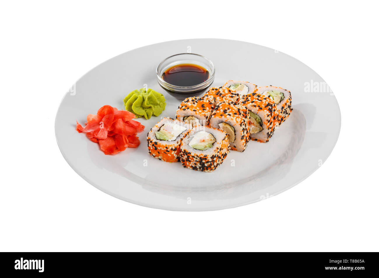Sushi, rolls, uramaki california with tobiko caviar, soy sauce