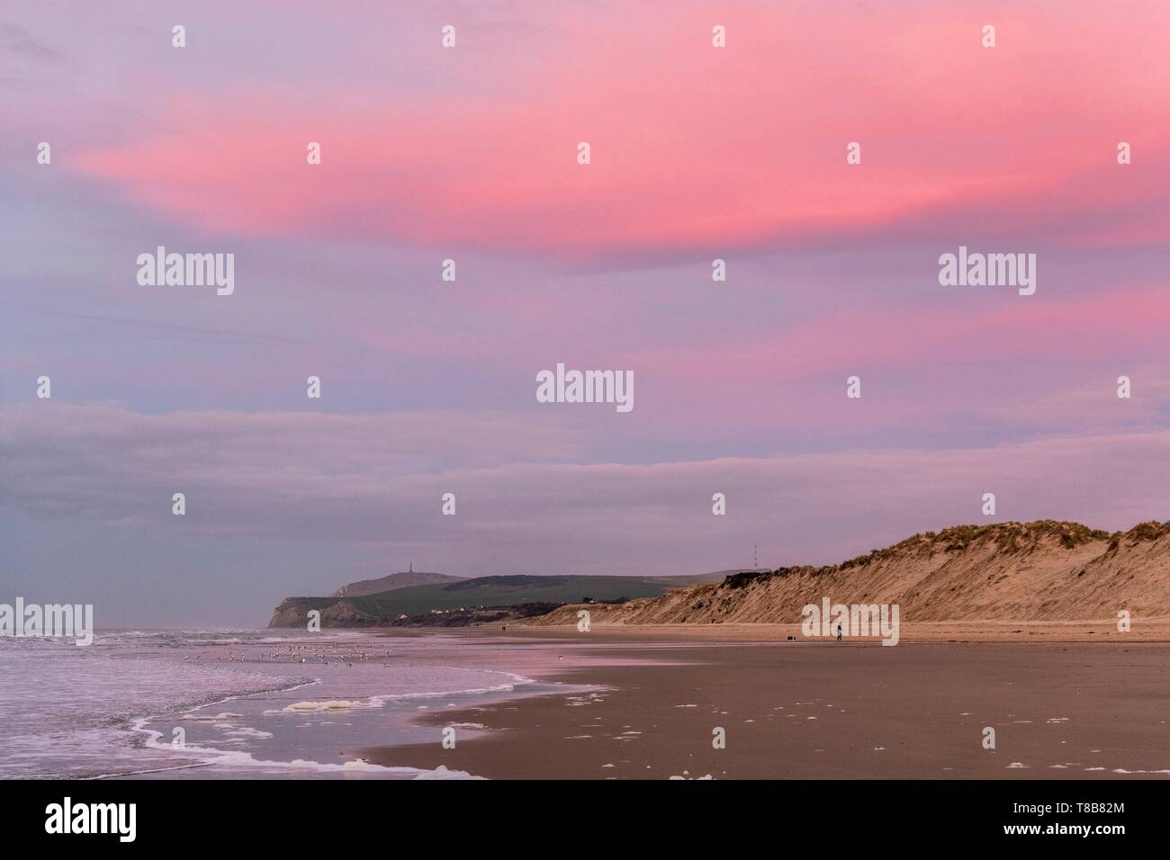 France, Pas de Calais, Opal Coast, Wissant, view of the cape Blanc nez at dusk with the sky tinged with pink Stock Photo