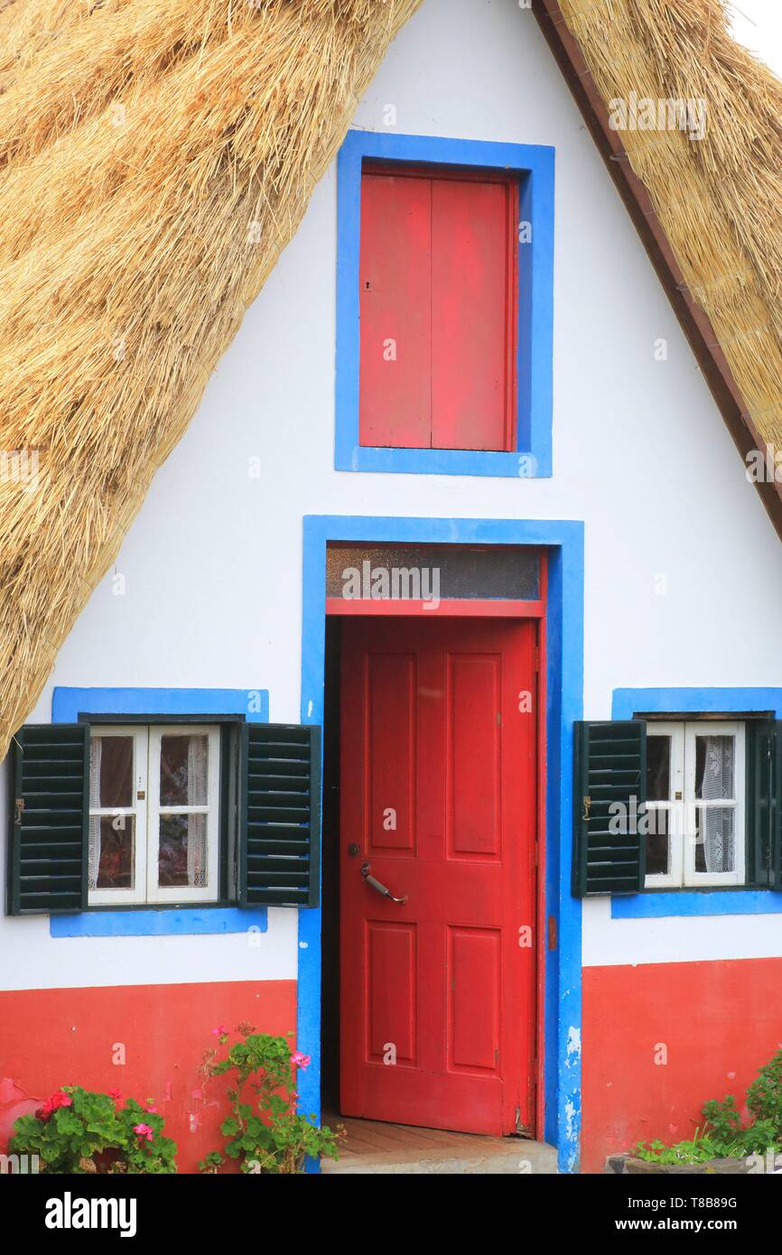Portugal, Madeira Island, Santana, UNESCO Biosphere Reserve, typical thatched roof house Stock Photo