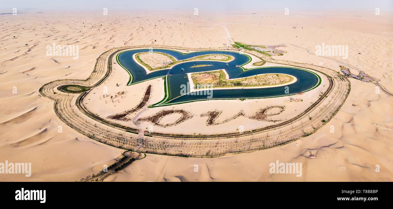 Heart shape Love lakes in the Dubai desert aerial view Stock Photo
