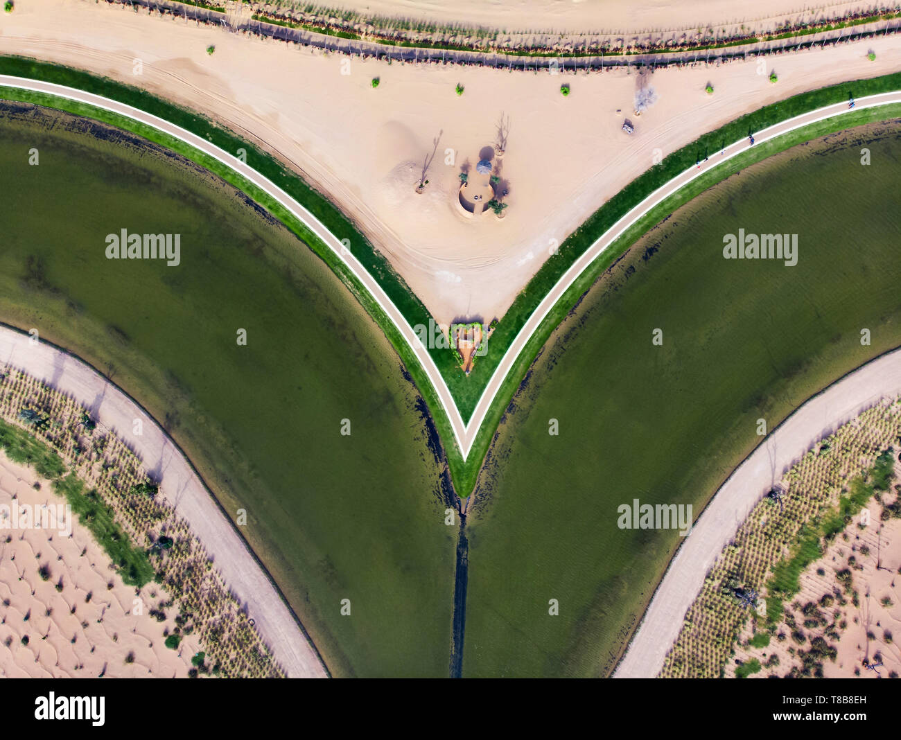Heart shape Love lake in the Dubai desert aerial view Stock Photo