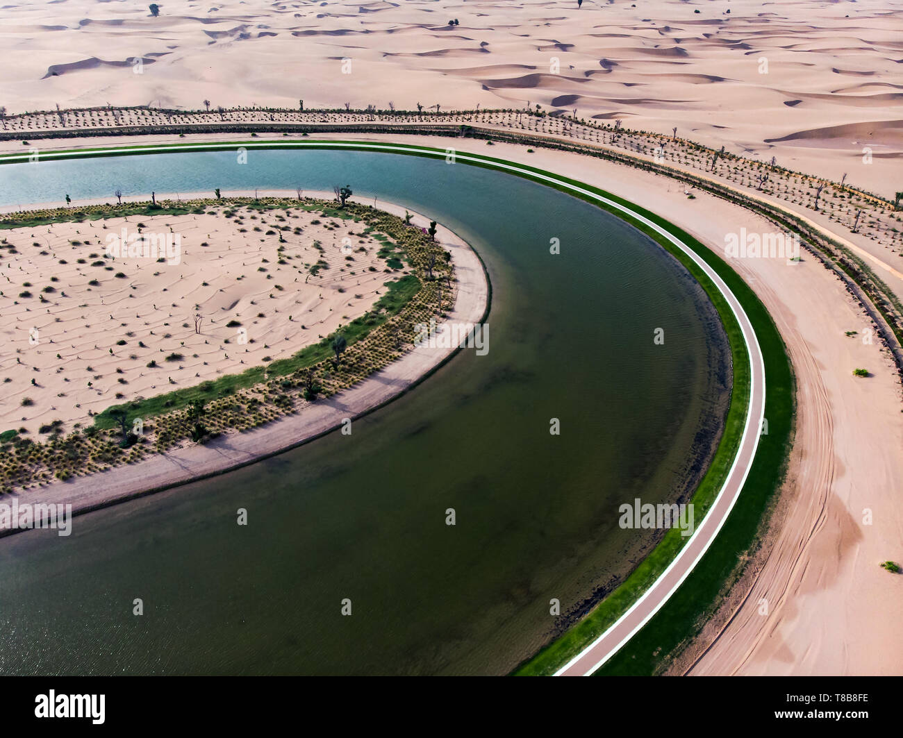 Heart shape Love lake in the Dubai desert aerial view Stock Photo